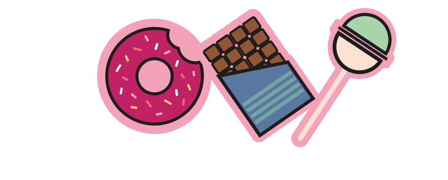 Mobile version of image: illustrations of a doughnut, choclate bar and a lollipop
